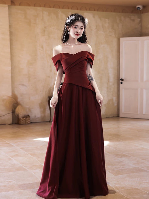 Wine Red A-line Satin Off Shoulder Party Dress, Satin Floor Length Evening Dress